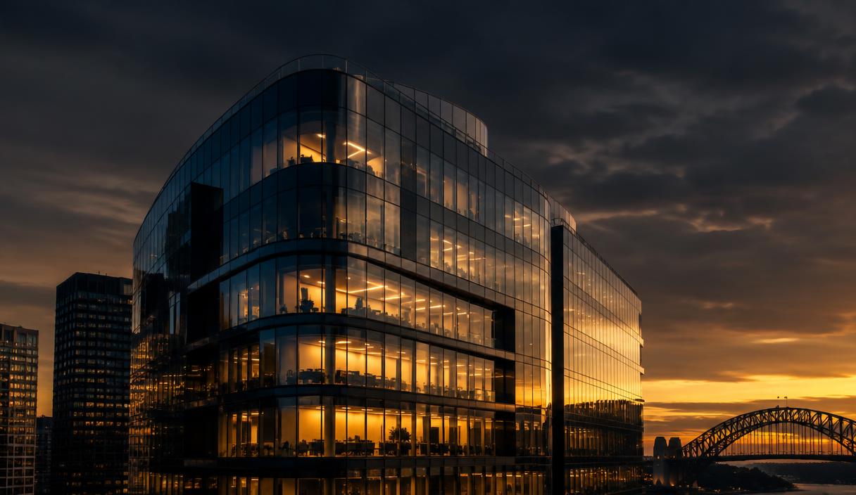 A modern bank building at dusk