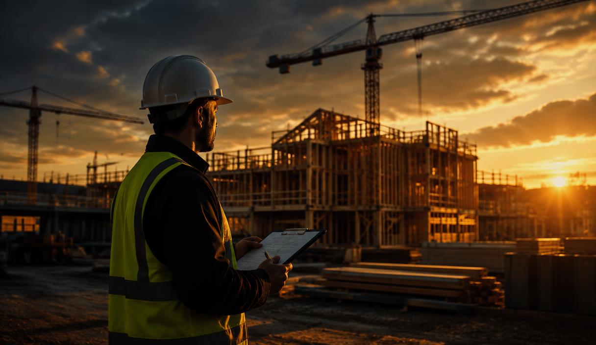 A quantity surveyor inspecting a construction site at sunset
