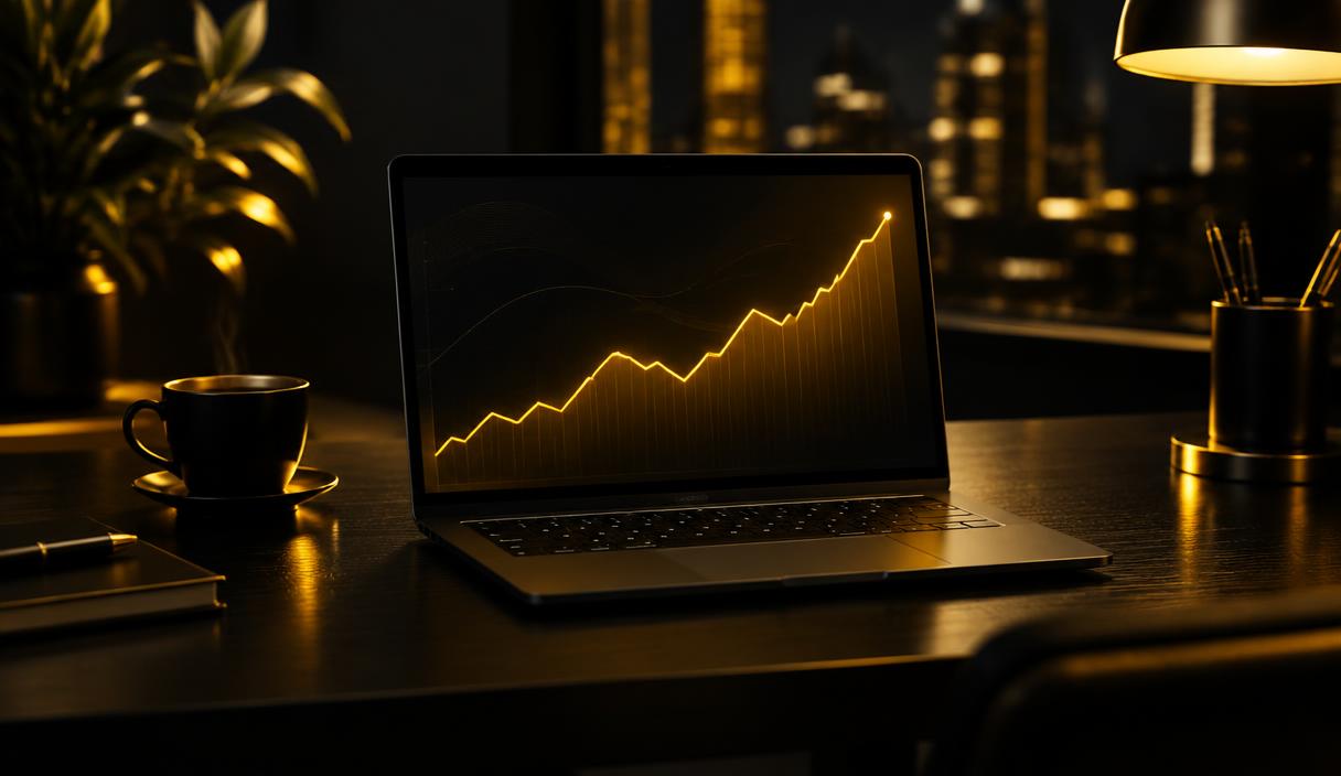 A laptop showing a rising chart in a dark office
