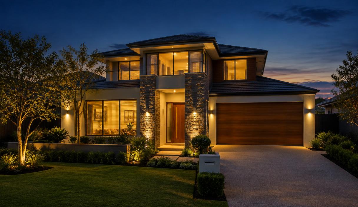 A modern Australian home at twilight