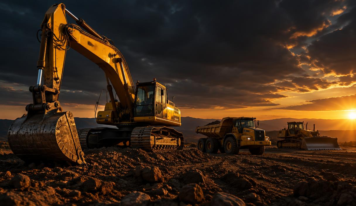 Heavy earthmoving machinery on a work site at dusk
