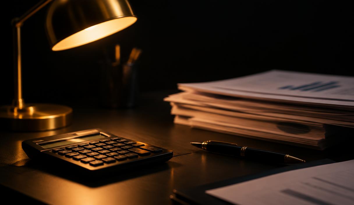 A calculator and paperwork under a warm desk lamp